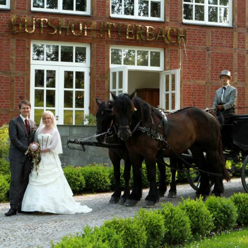 Pferdekutsche mit Brautpaar vor dem Gutshof Itterbach